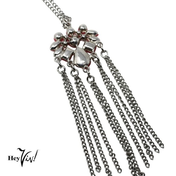 Vintage Silver and Pink Bead Fringed Drop Pendant Necklace w 23" Chain - Hey Viv - Picture 3 of 5